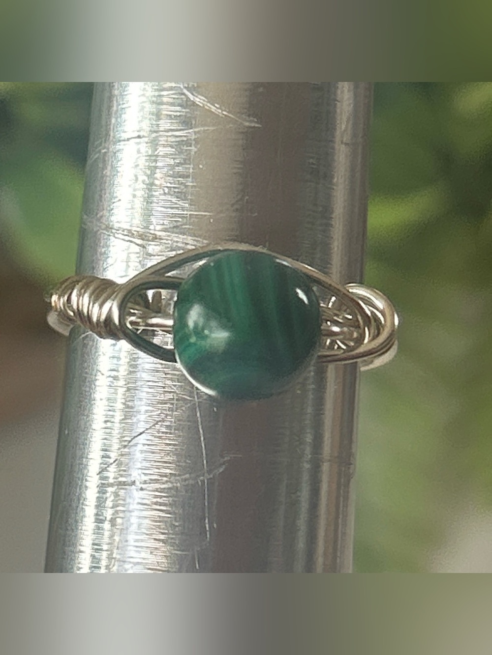 Handcrafted silver tone malachite wire wrapped crystal ring size 7